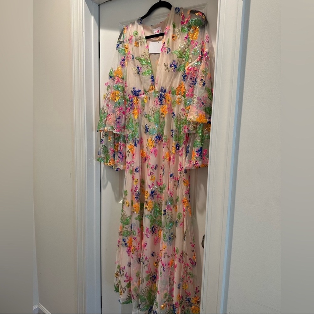 Buddy Love White Maxi Dress with Multicolor Floral sequin - Picture 3 of 6